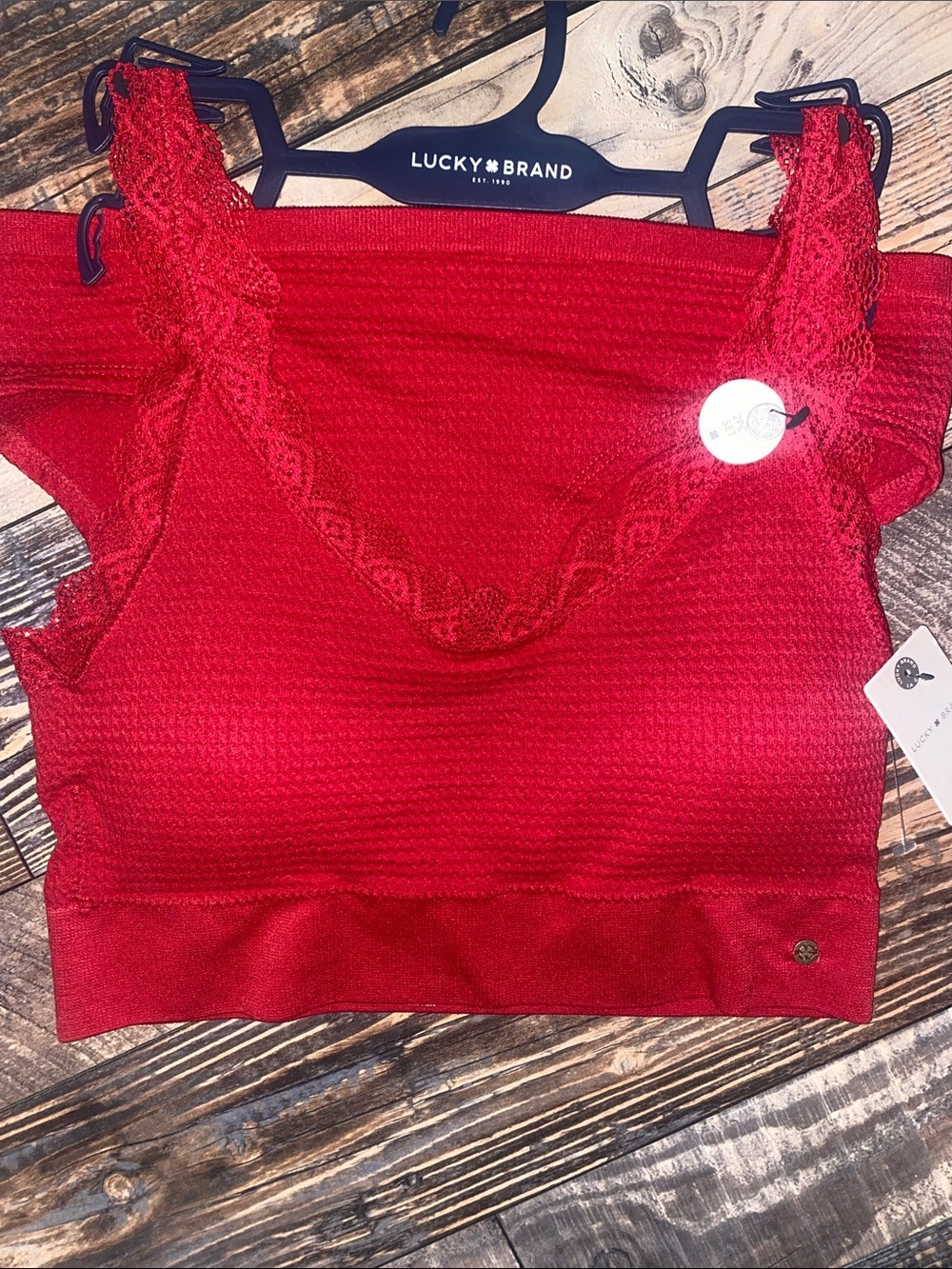 Lucky Brand Red Lace-Trim waffle padded bralette and panty - Picture 4 of 4